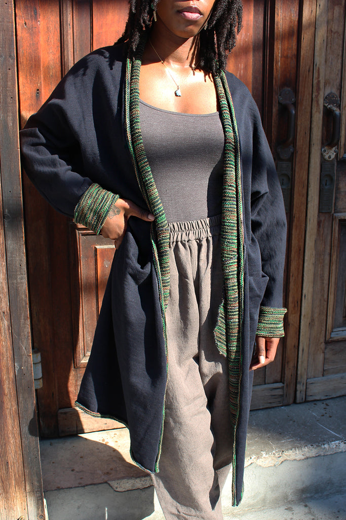 Navy and Green Light Rolled Long Cardigan